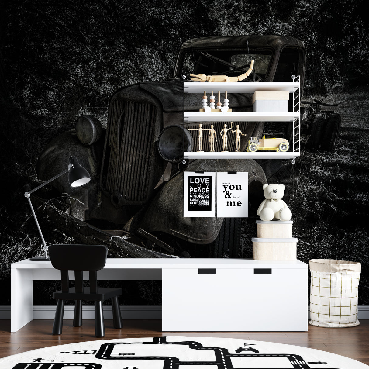 Black and white vintage car wallpaper adding character to contemporary dining room