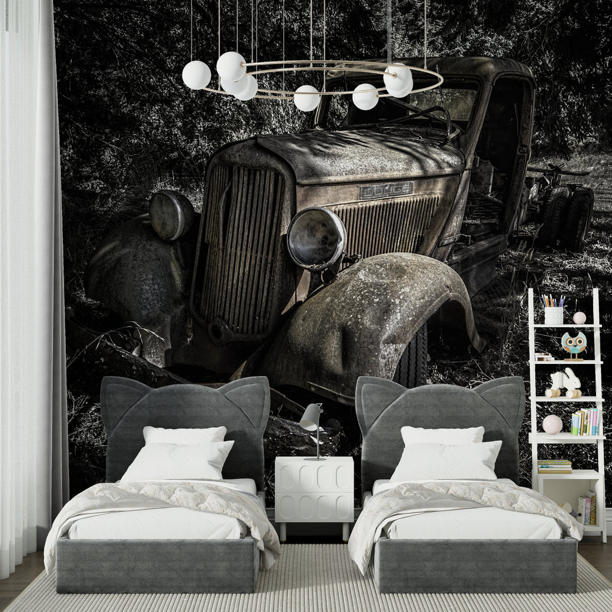 Retro car mural wallpaper transforming boutique hotel lobby space
