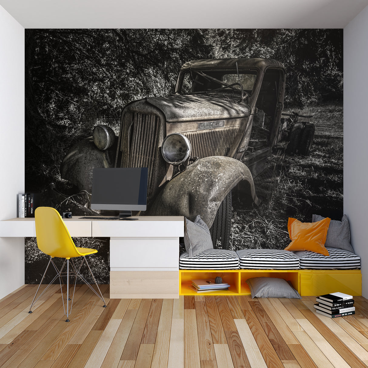 Monochrome classic car design enhancing urban loft bedroom wall