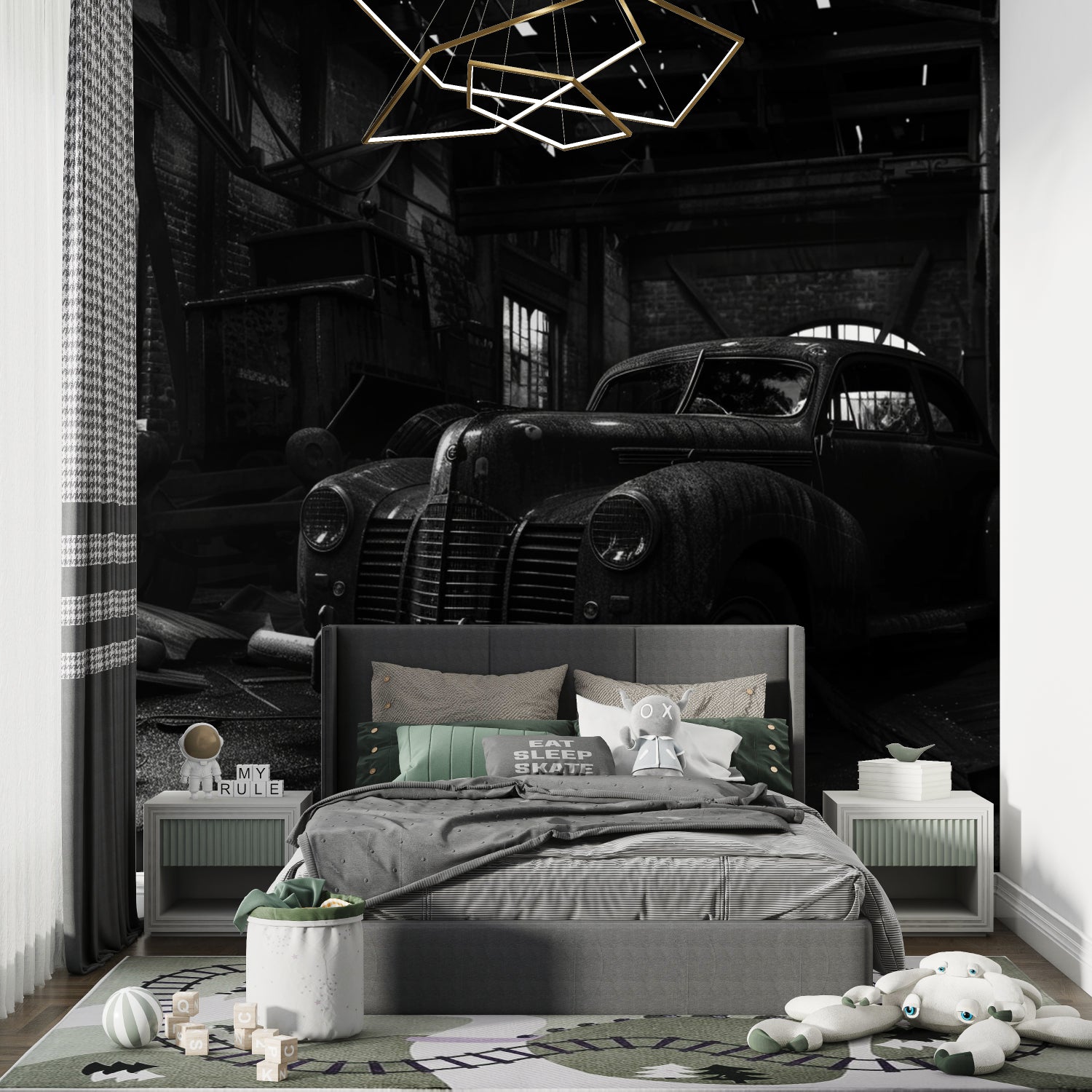 Classic car mural installation in industrial style office space