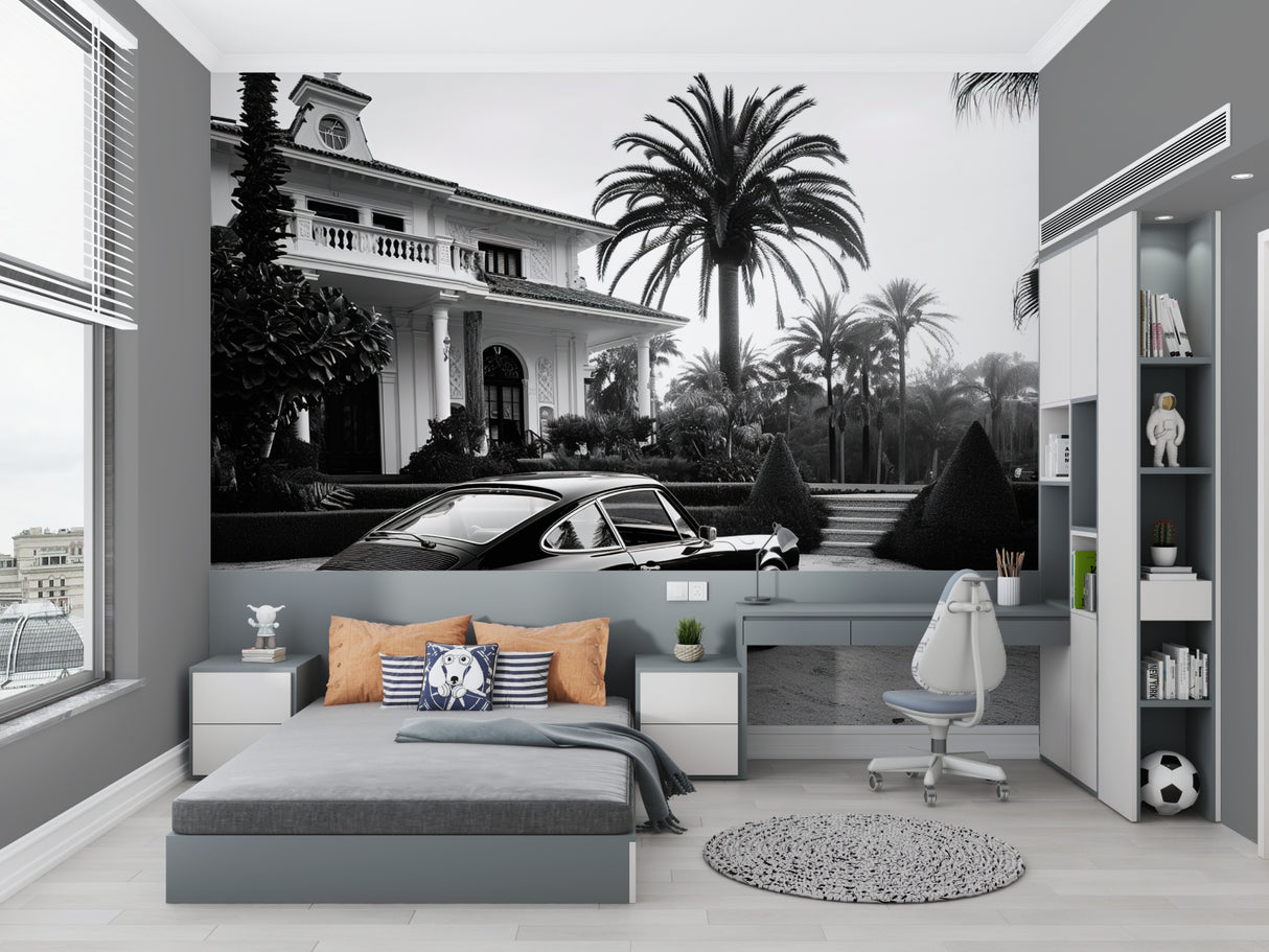 Vintage car wallpaper creating drama in modern living room with grey sofa and minimalist decor