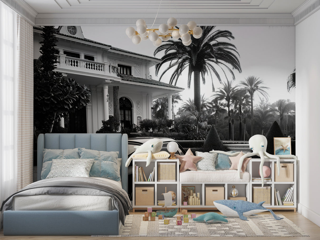 Classic car wall mural transforming dining room with crystal chandelier