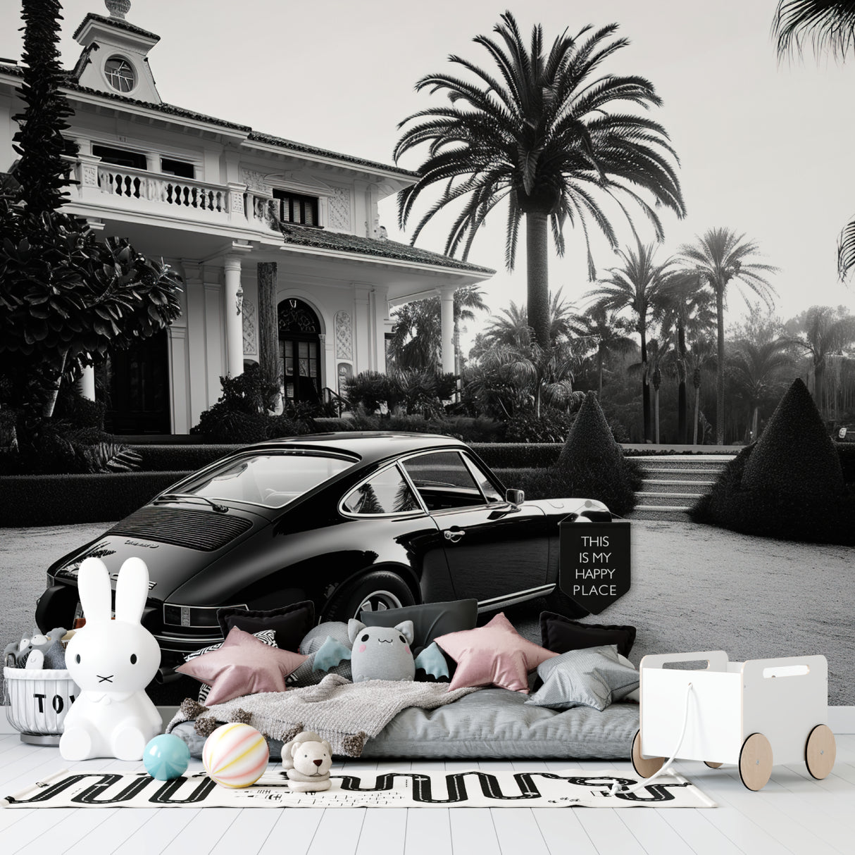 Monochrome vintage car wallpaper making statement in master bedroom