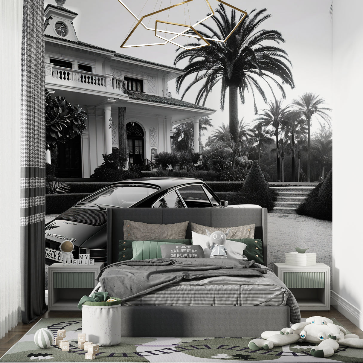 Luxury car mural enhancing hotel lobby with marble floors