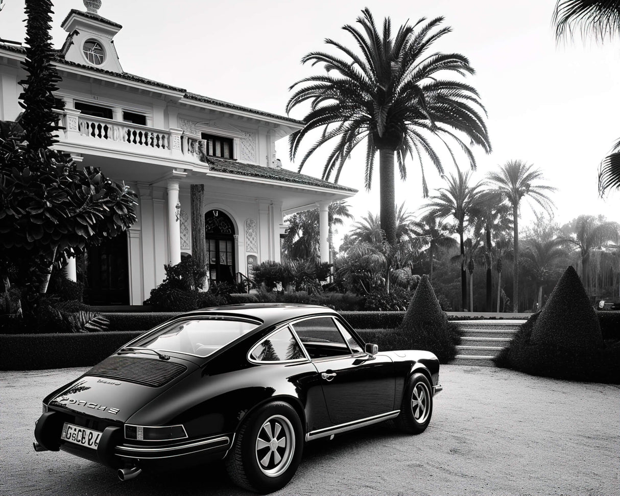 Design file of vintage car and estate pattern showing detailed monochrome artwork