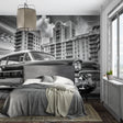 Vintage car wallpaper creating striking focal point in modern living room with Art Deco elements