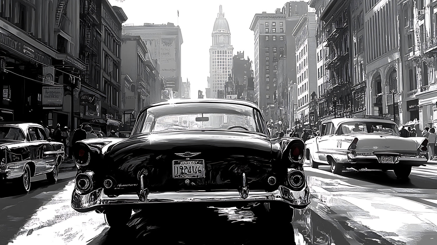 Black and white vintage car wallpaper design file showing detailed urban scene pattern