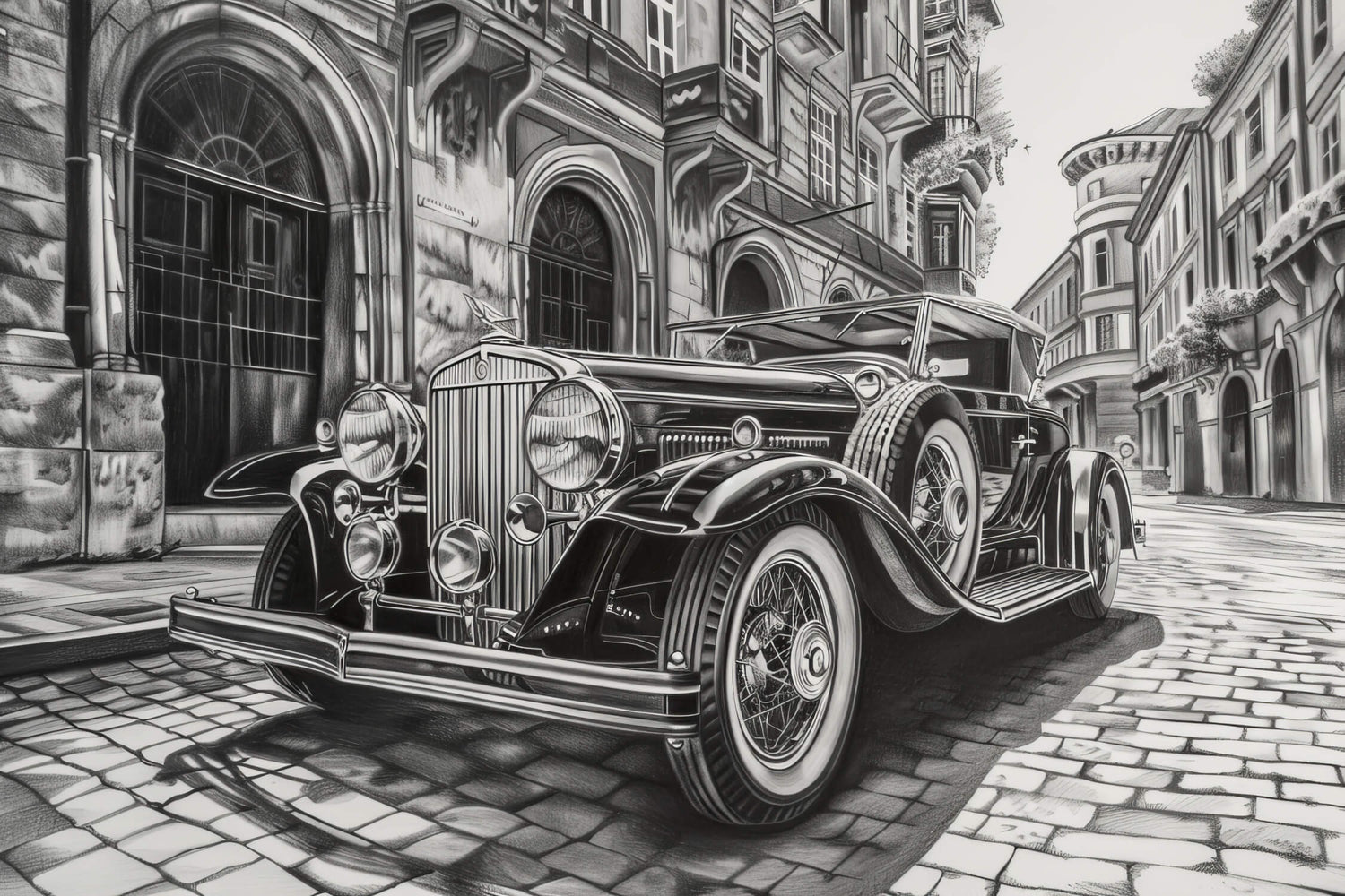 Design file of vintage car wallpaper showing detailed black and white urban composition