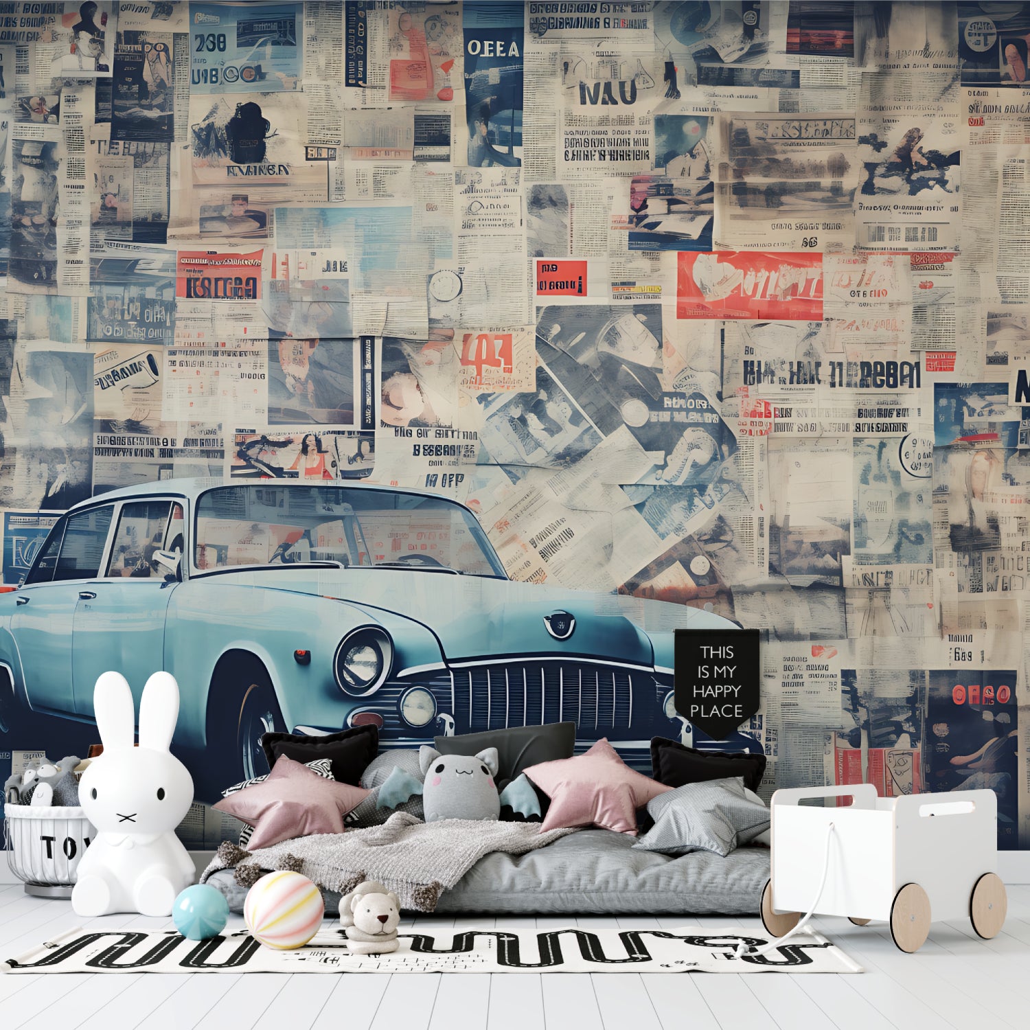 Vintage car wallpaper creating a striking focal point in a modern living room with blue and grey decor