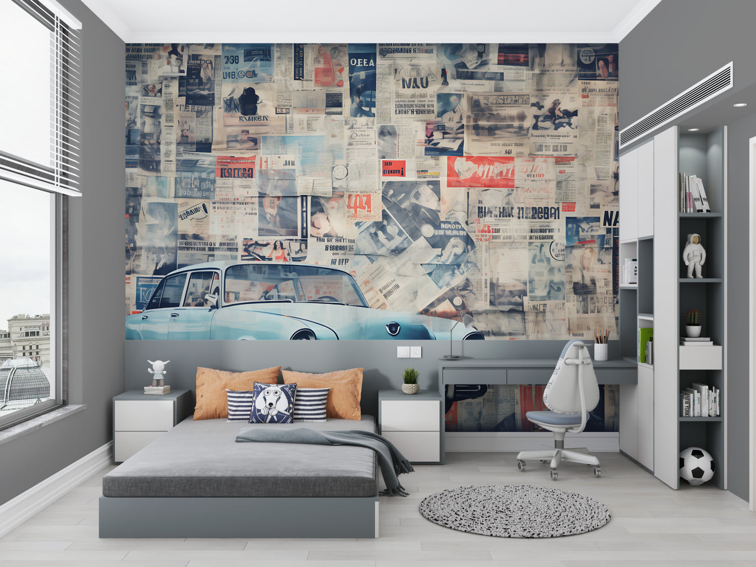 Vintage car wall mural showcased in a garage turned man cave