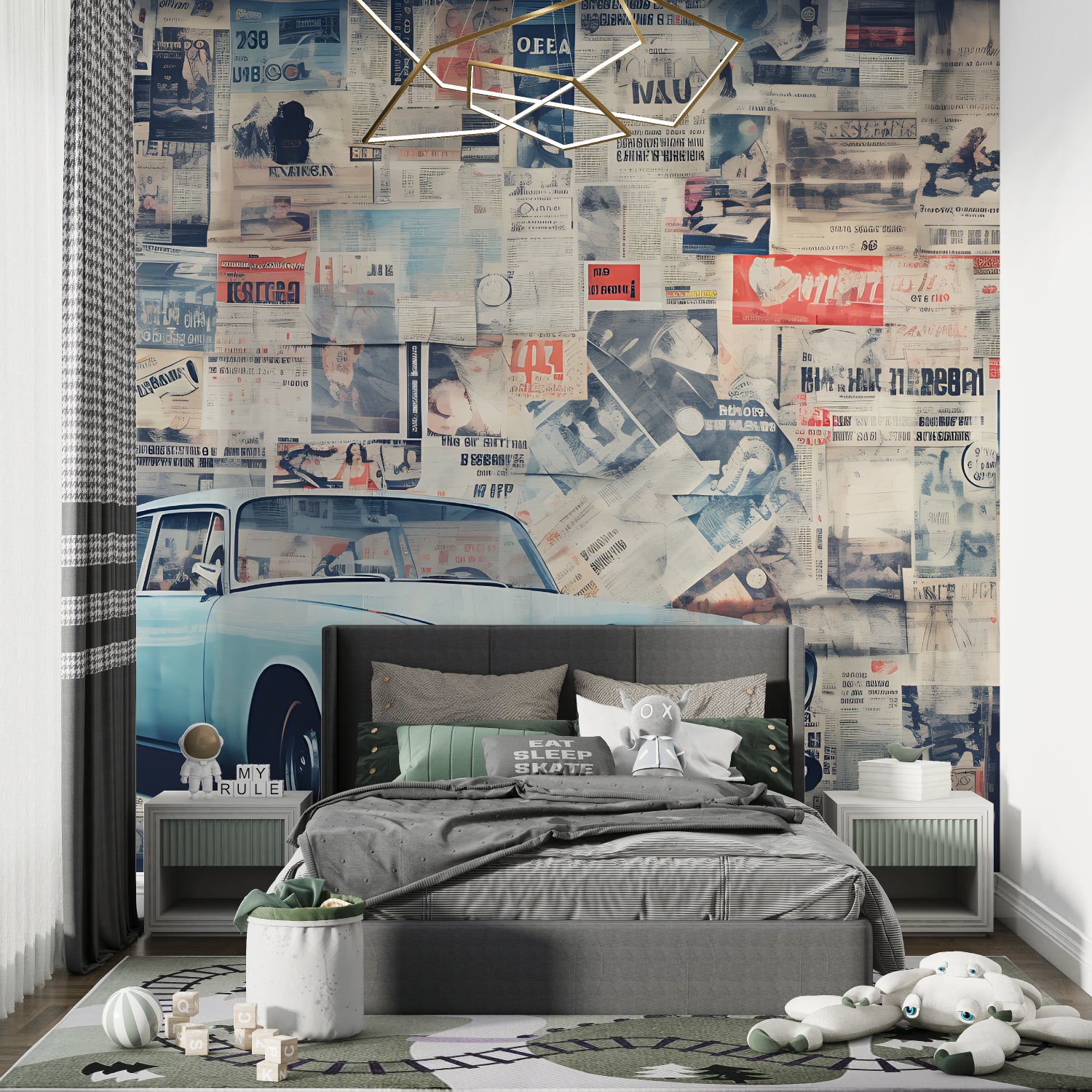 Classic automobile wallpaper adding personality to a contemporary dining space