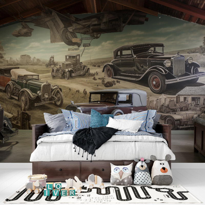 Desert car scene mural adding character to man cave entertainment space
