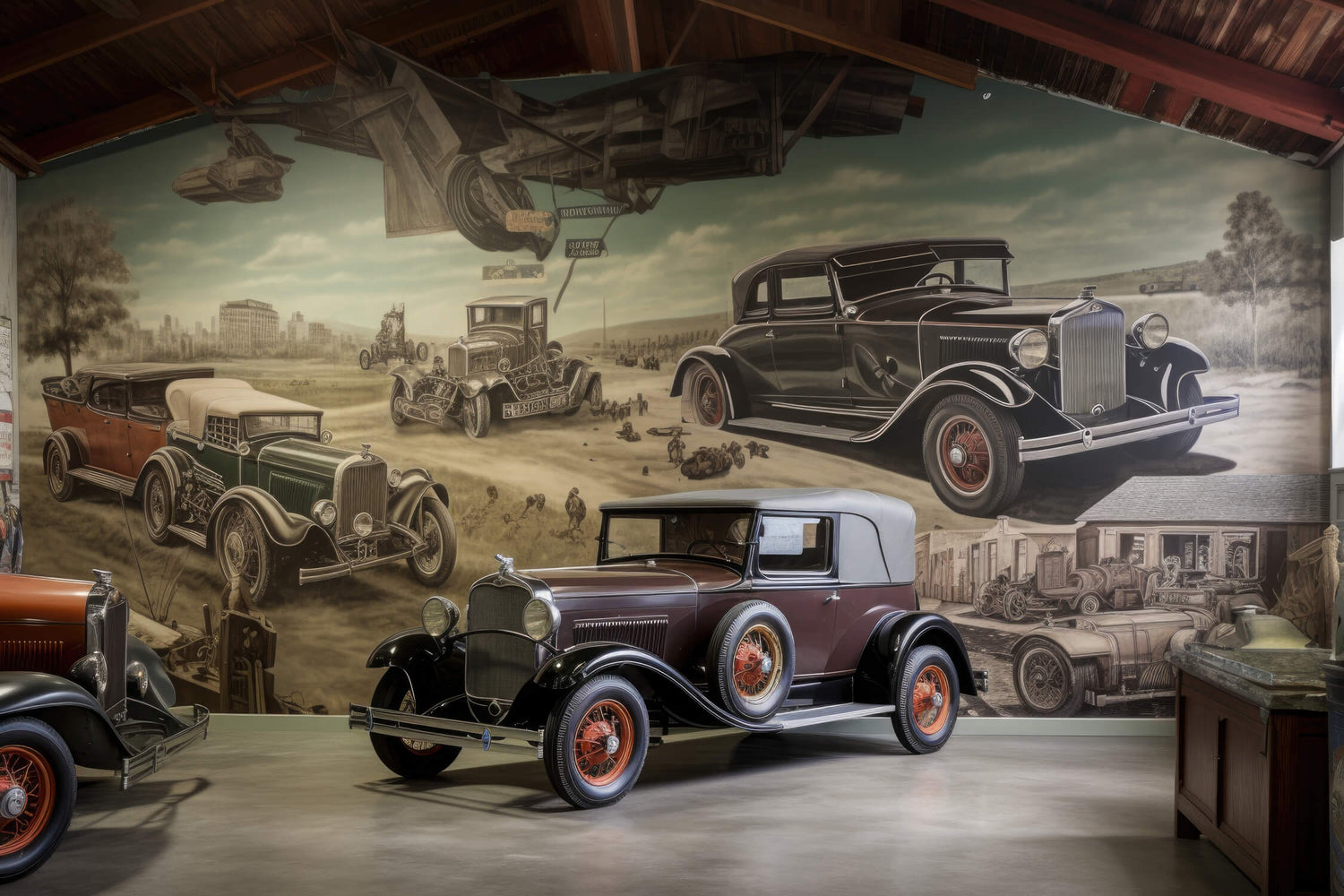 Design file of vintage car desert scene pattern showing detailed classic automobiles and landscape
