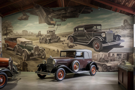 Design file of vintage car desert scene pattern showing detailed classic automobiles and landscape