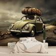 Vintage Car Wallpaper showcasing classic Beetle in modern living room with grey sofa and natural light