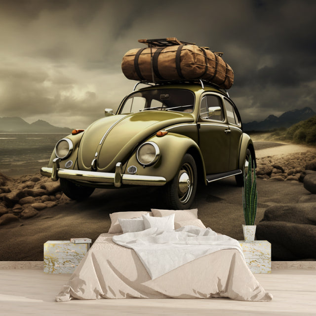 Vintage Car Wallpaper showcasing classic Beetle in modern living room with grey sofa and natural light