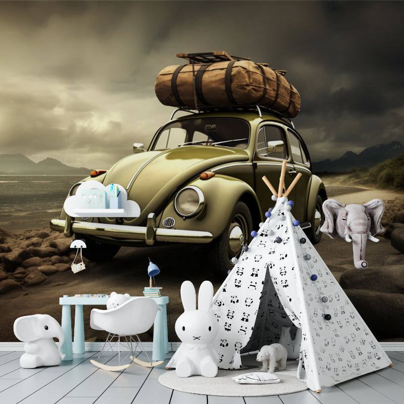 Classic Beetle Wallpaper creating focal point in minimalist home office setup