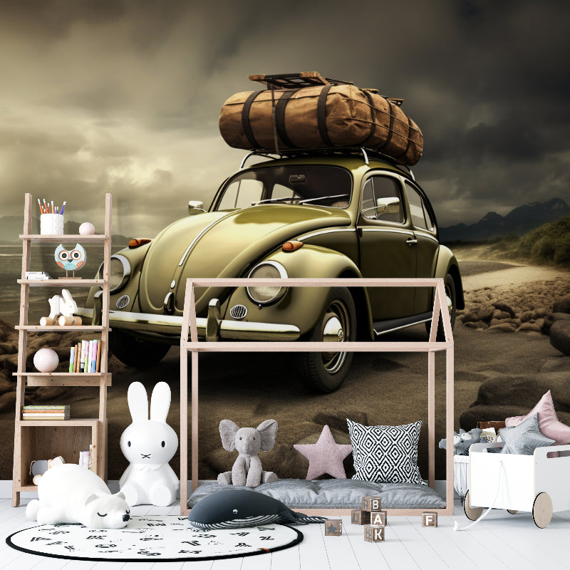 Vintage Car Mural in cozy reading nook with leather armchair