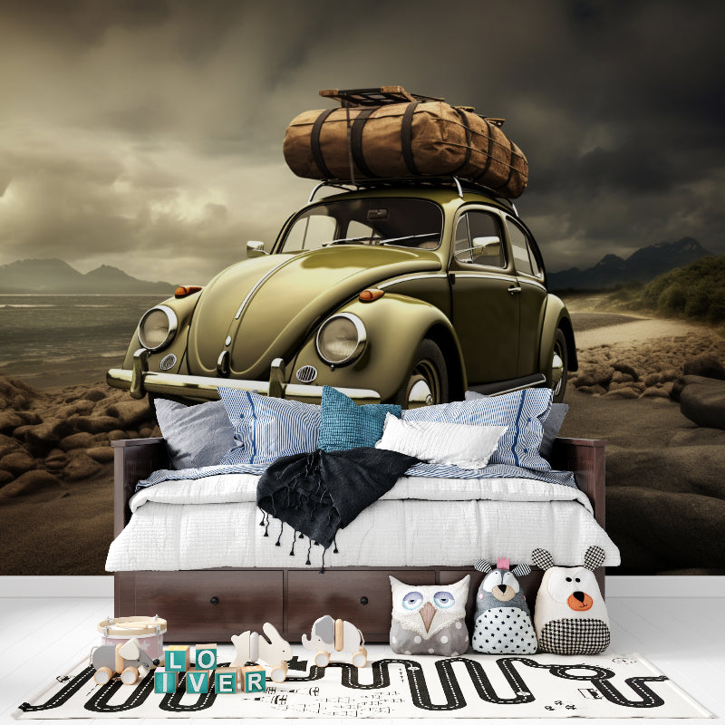 Retro Beetle Wallpaper adding character to industrial-style dining room
