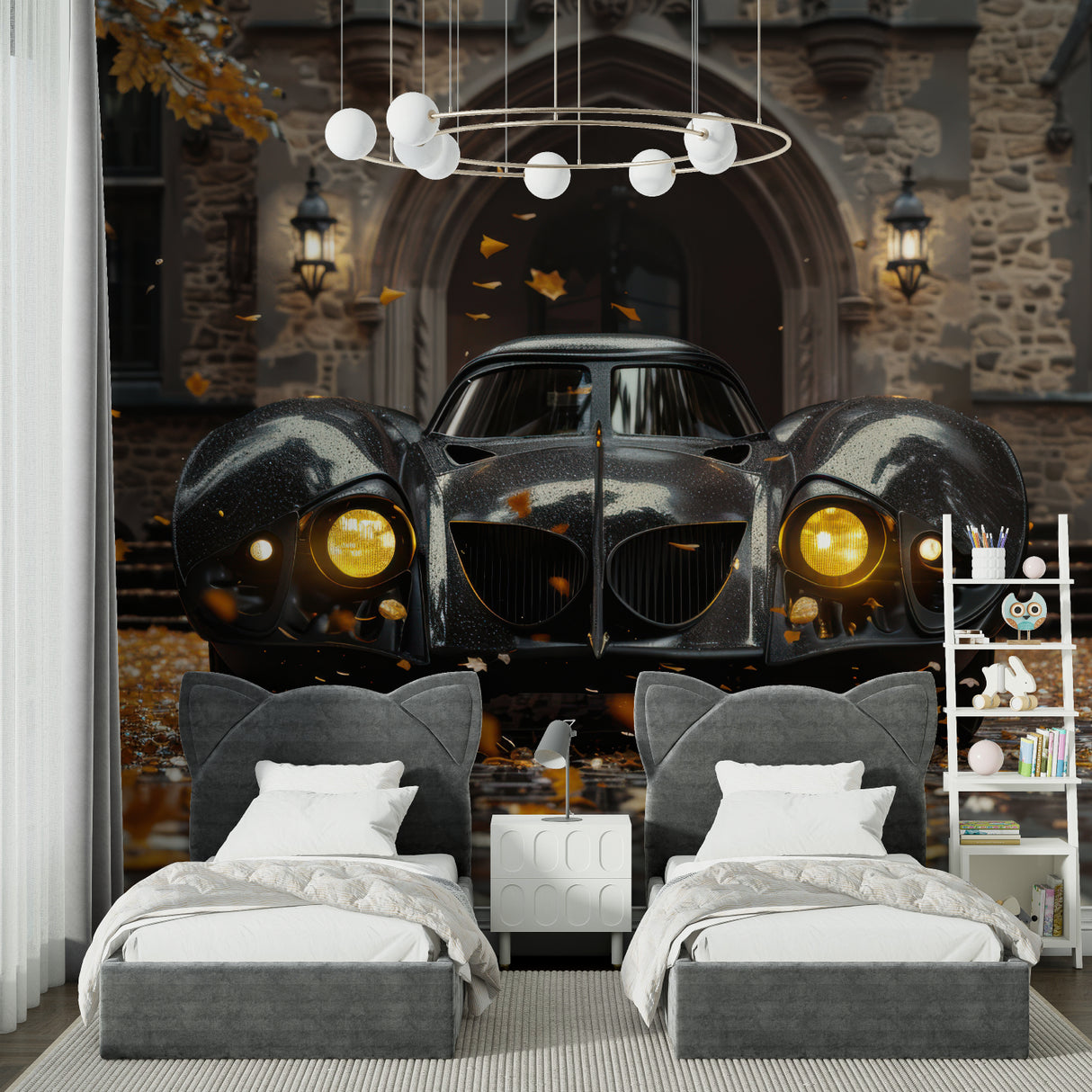Vintage automobile mural creating drama in an elegant home office space