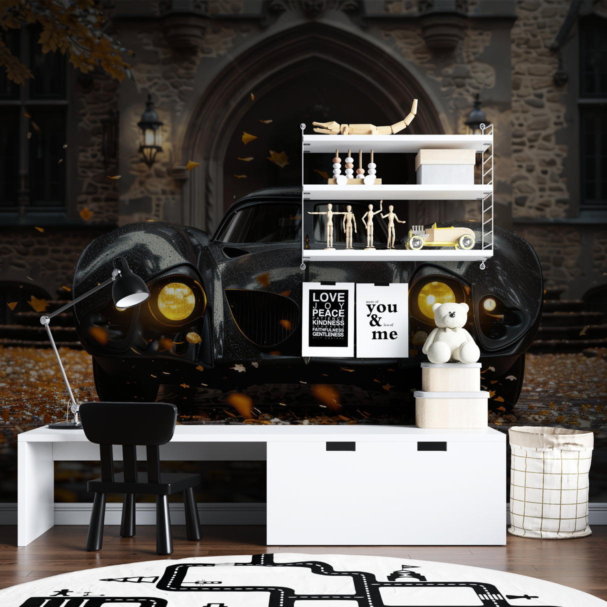 Automotive wallpaper transforming a master bedroom with gothic elegance