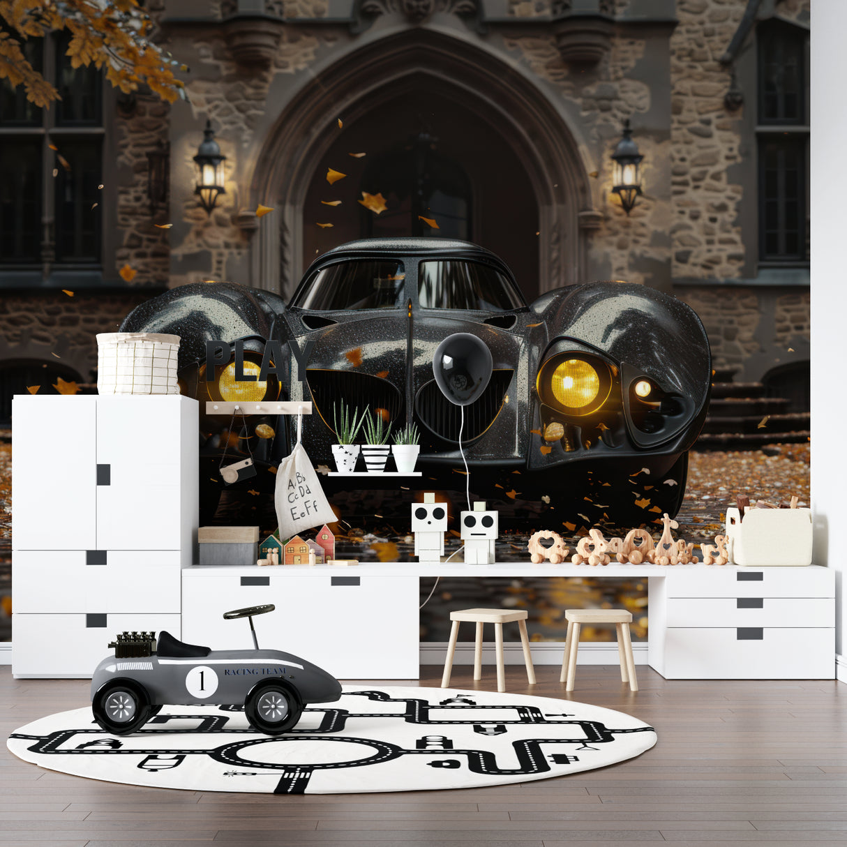Vintage car wallpaper creating a bold statement in a modern living room with high ceilings