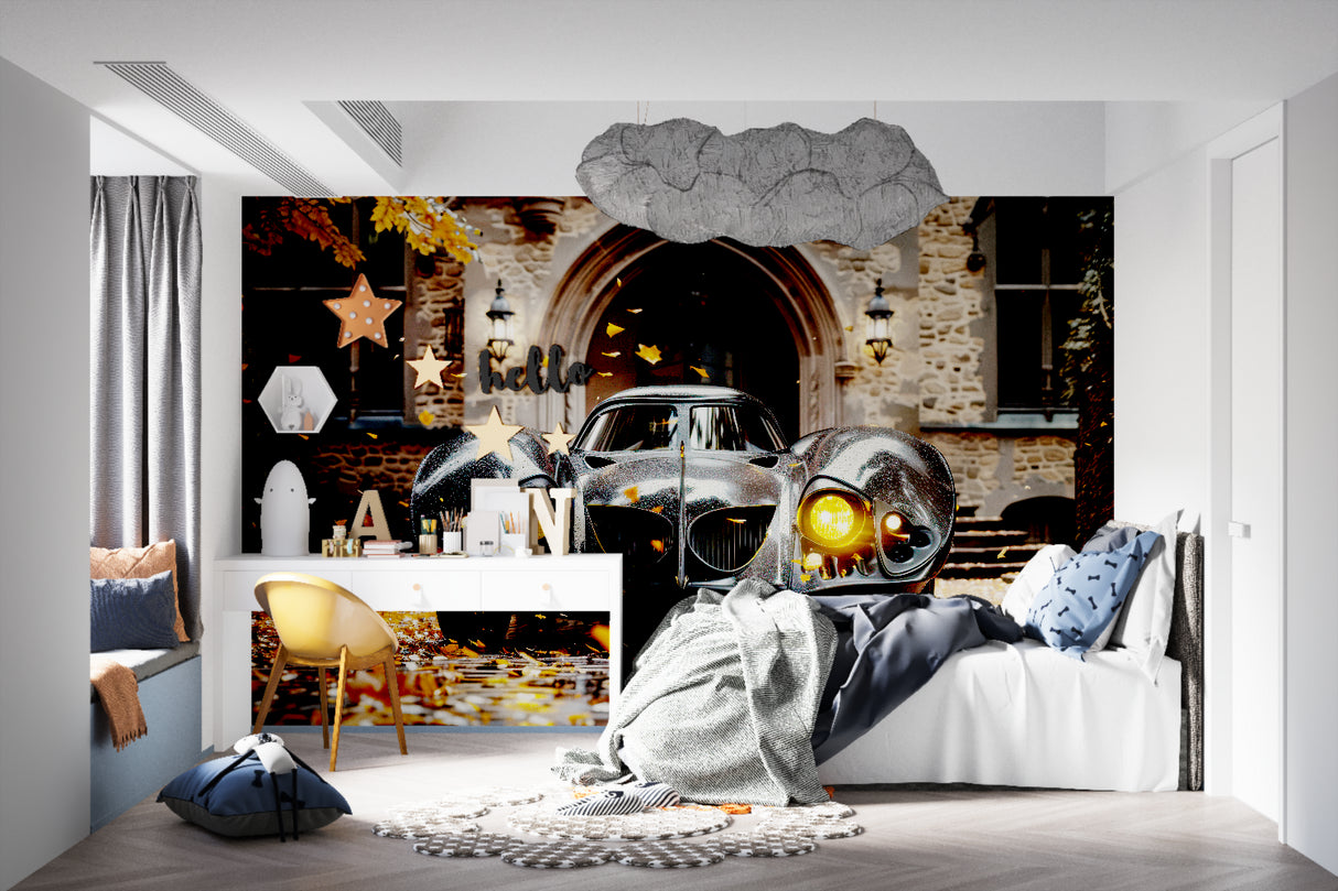 Black vintage automobile wallpaper styled in a luxury garage lounge