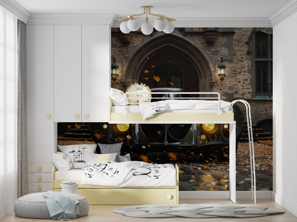 Gothic car wall mural making a statement in an industrial-style dining room