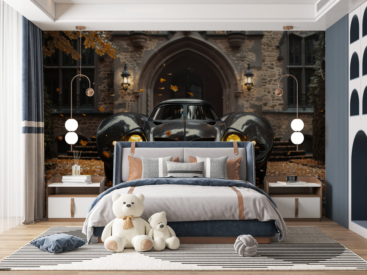 Automotive wall mural showcasing dramatic lighting in a contemporary hallway