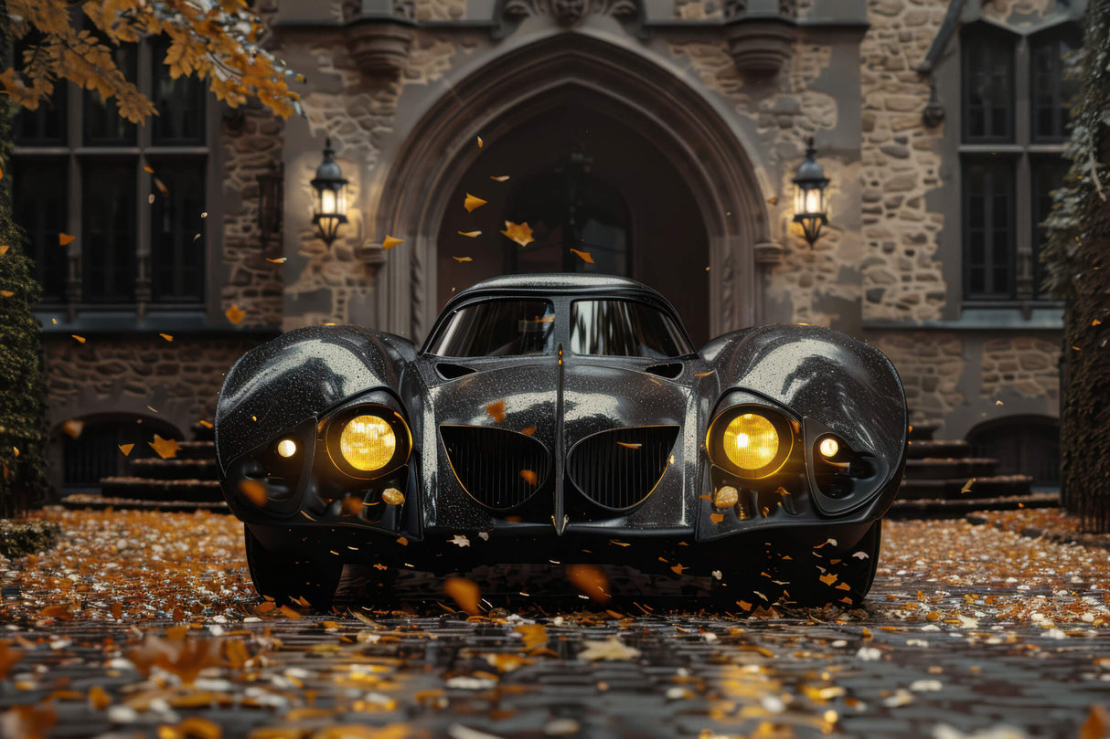 Vintage car with Gothic architecture design file showing intricate details and rich black tones