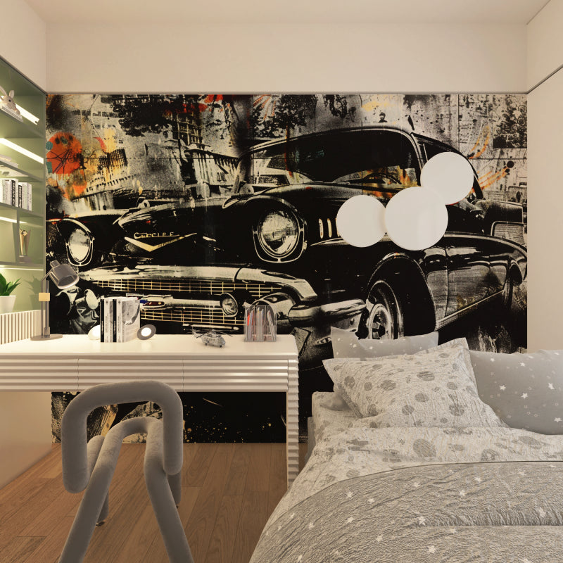 Classic car mural adding character to a minimalist dining space with urban touches