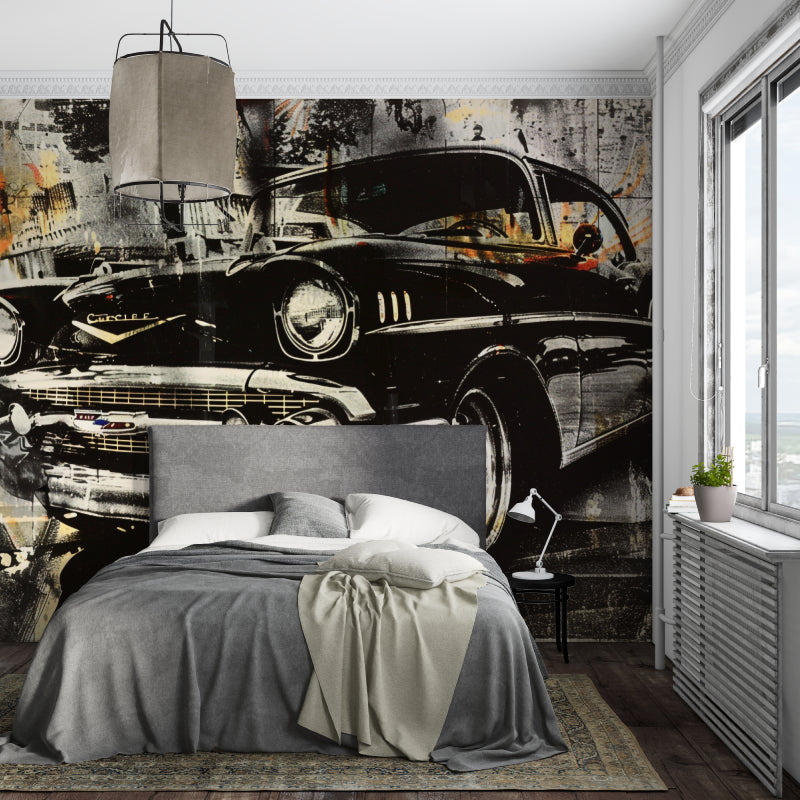 Automotive wall mural bringing personality to a garage lounge area