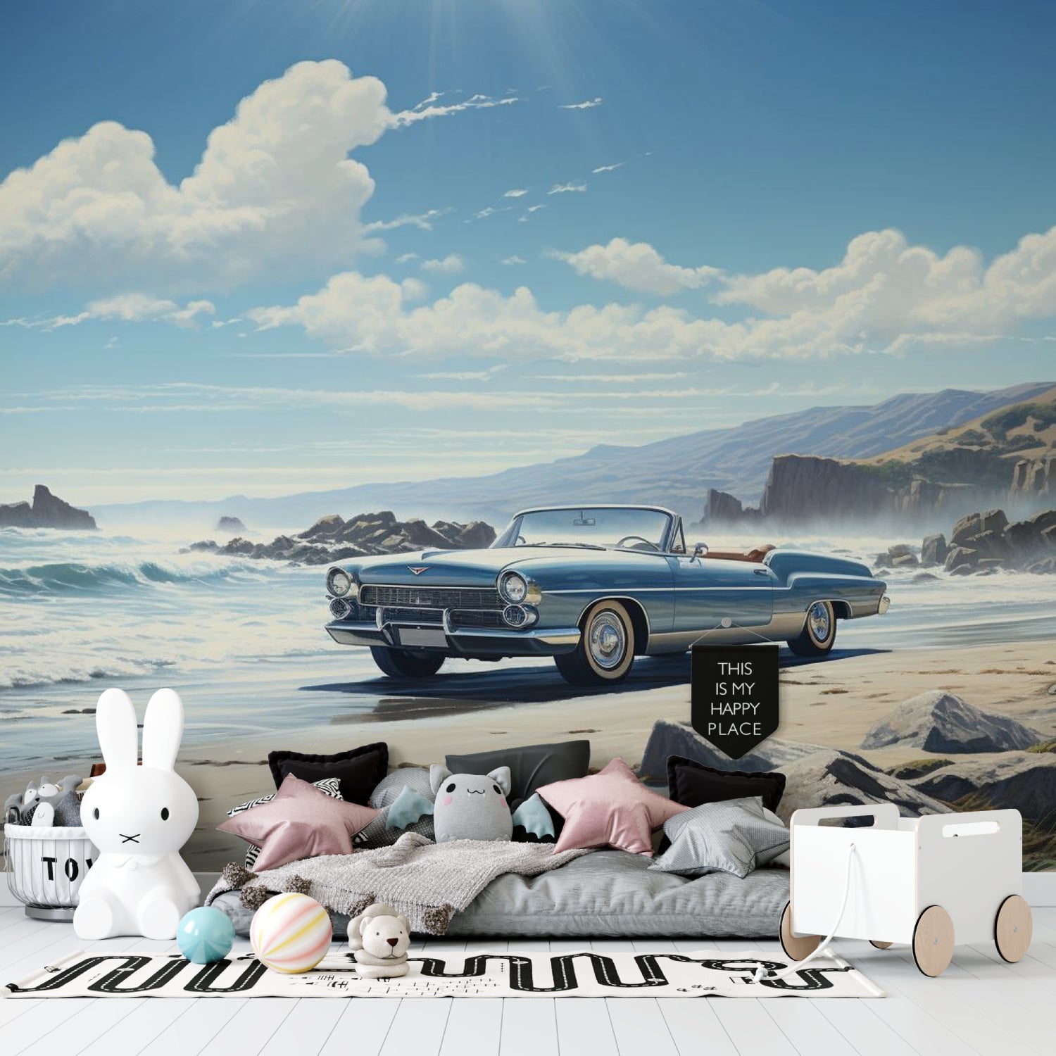 Blue classic car wallpaper bringing coastal vibes to teen bedroom