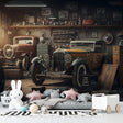 Vintage car wallpaper creating a cozy atmosphere in a modern home office with warm lighting