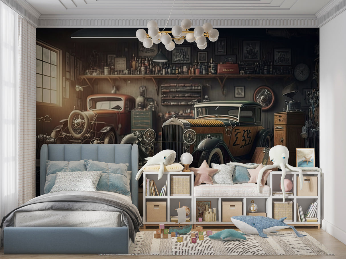 Classic garage workshop mural wallpaper in a stylish man cave setting