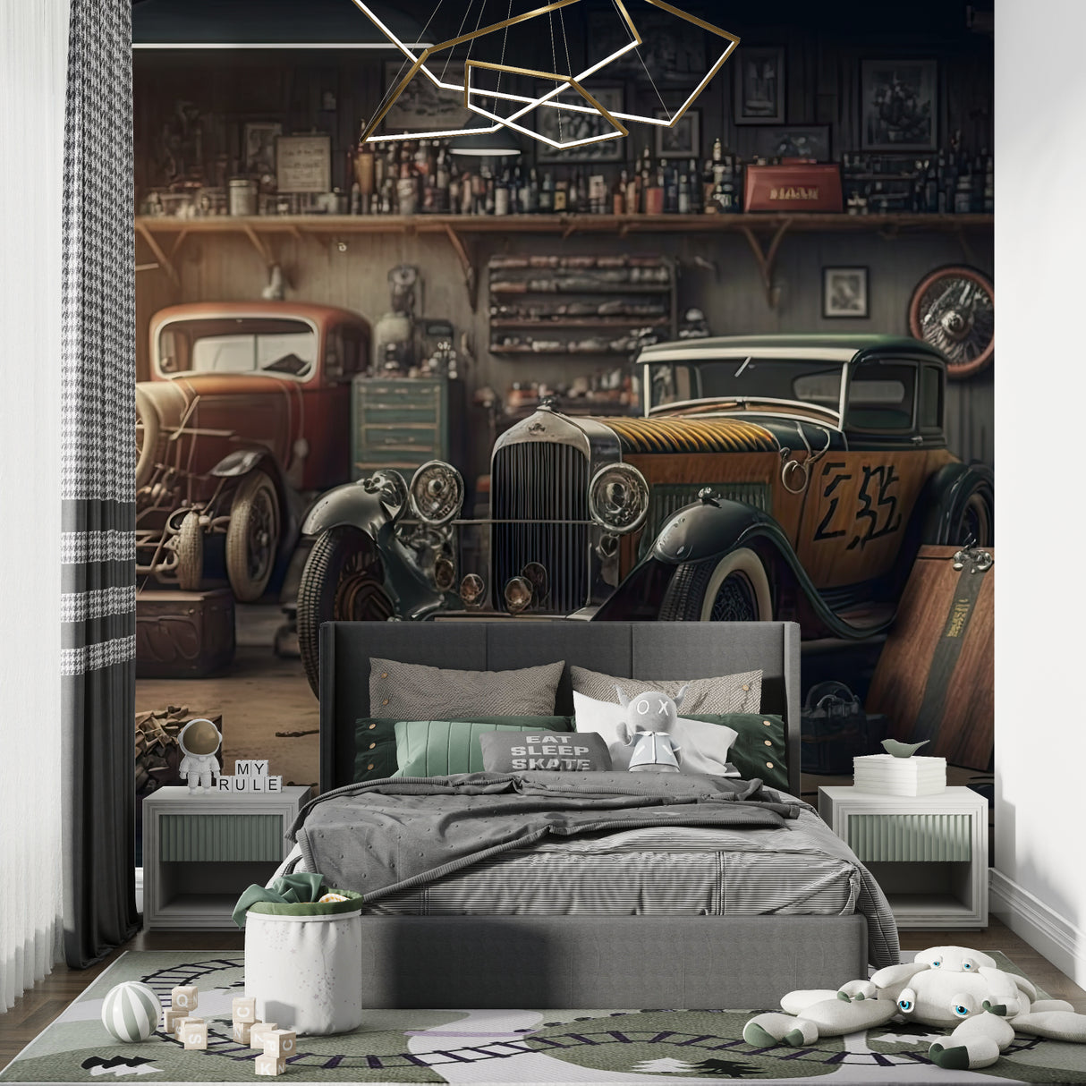Vintage automotive wallpaper adding character to an industrial-style living room