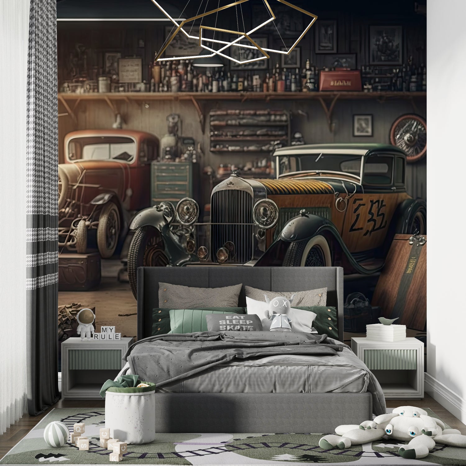Vintage automotive wallpaper adding character to an industrial-style living room