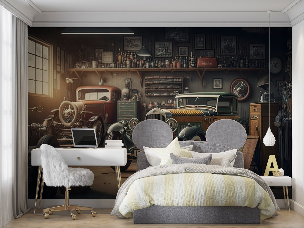 Retro car mural wallpaper bringing nostalgic charm to a teenage bedroom