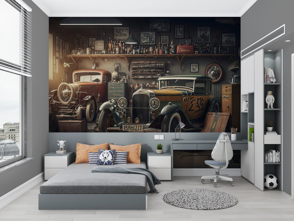 Classic car workshop wallpaper transforming a contemporary game room