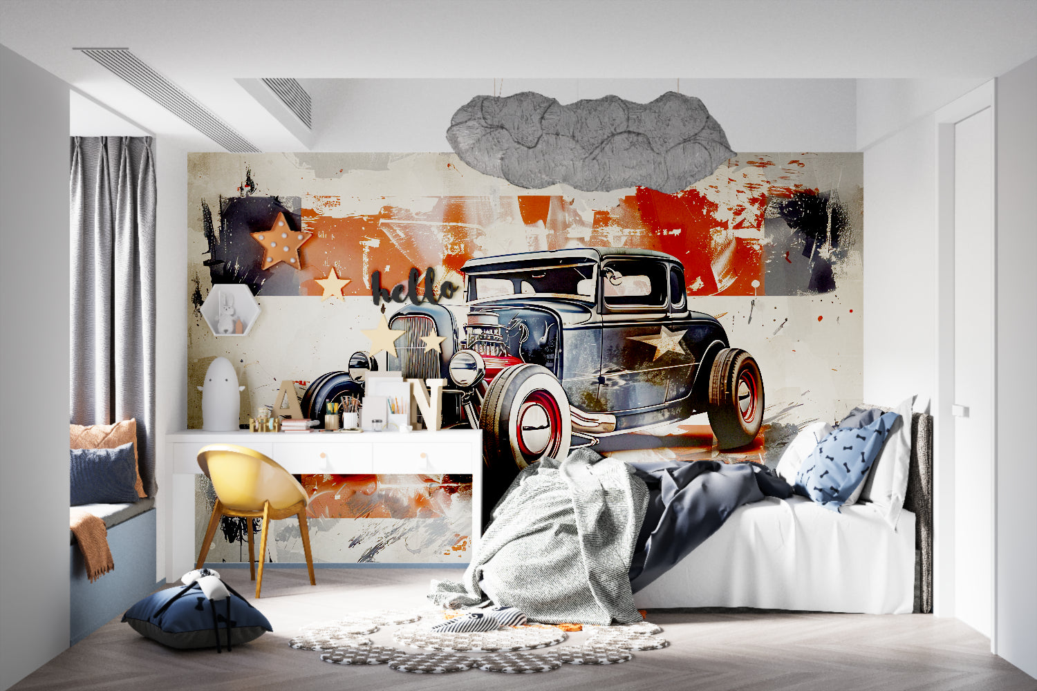 Vintage car wall mural creating focal point in teen bedroom setup
