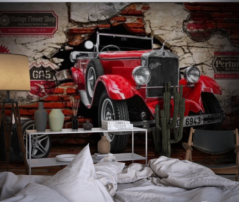 Vintage car mural wallpaper styled in modern living room showing red classic automobile against brick backdrop