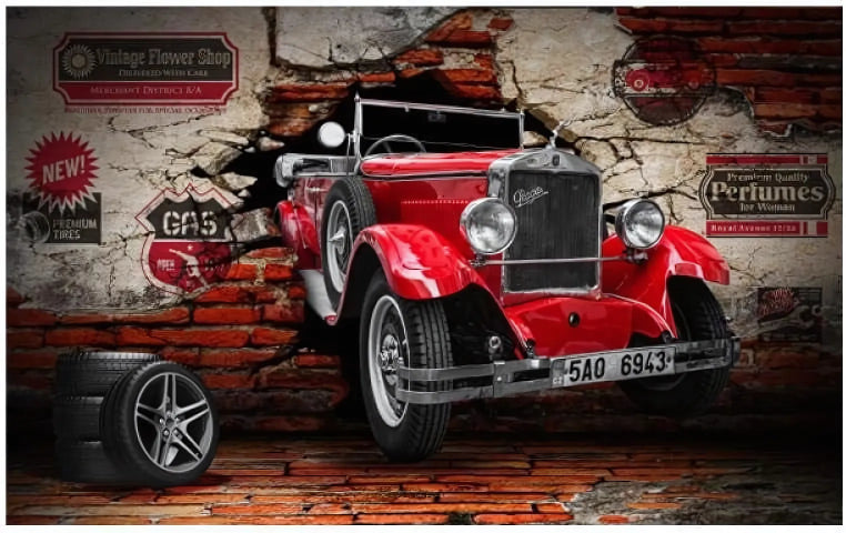 Design file of vintage car mural showing detailed red classic automobile against textured brick background