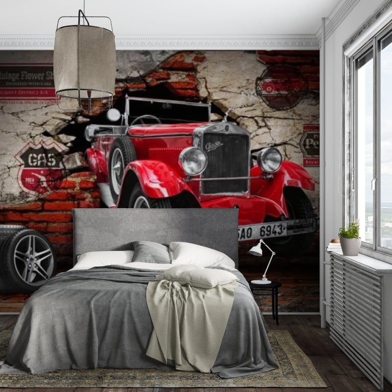 Classic car wallpaper featured in contemporary home office with red vintage automobile design
