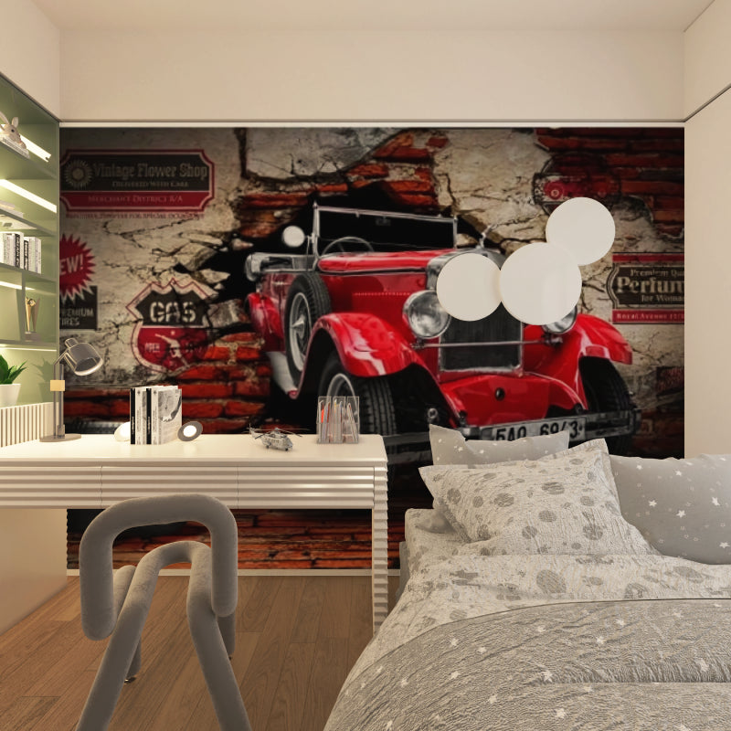 Automotive wall mural showcased in urban style garage featuring vintage red car