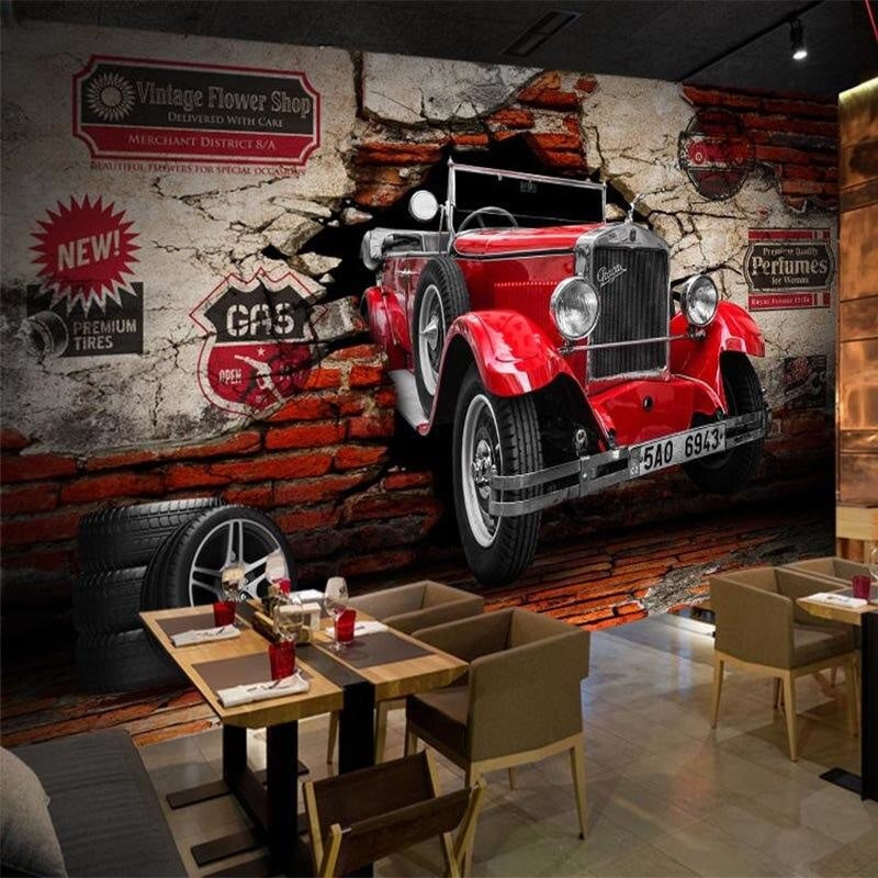 Classic car wall mural styled in retro themed bedroom setting