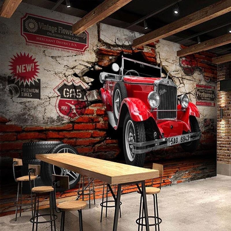 Classic automobile wall mural featured in industrial style bar setting
