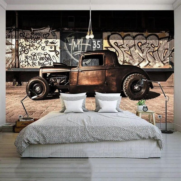 Vintage car mural wallpaper creating an urban vibe in a modern industrial living room