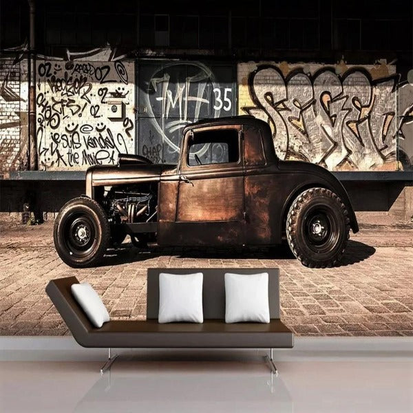 Street art car wallpaper bringing character to a teen bedroom with graffiti accents