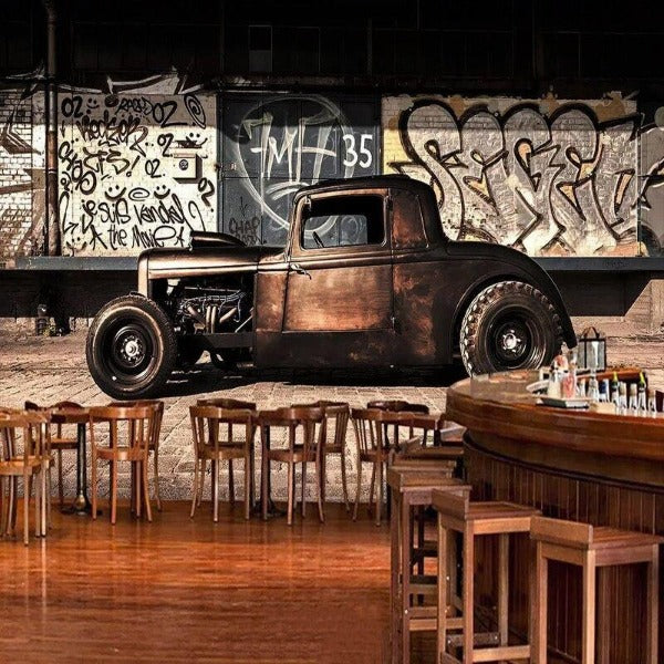 Industrial style car mural transforming a home office with urban edge