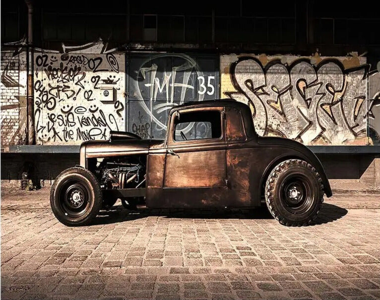Design file showing vintage car and graffiti pattern with urban details